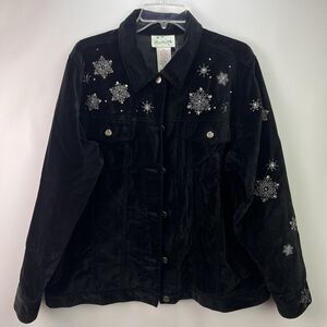 The Quacker Factory Black Velvet Snowman Embroidered Jacket Rhinestones M